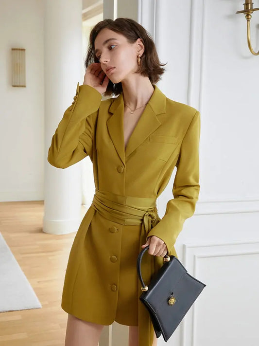 Women Yellow Belted Big Size Elegant Blazer Dress New Lapel Long Sleeve Loose Fit Fashion Spring Autumn eprolo