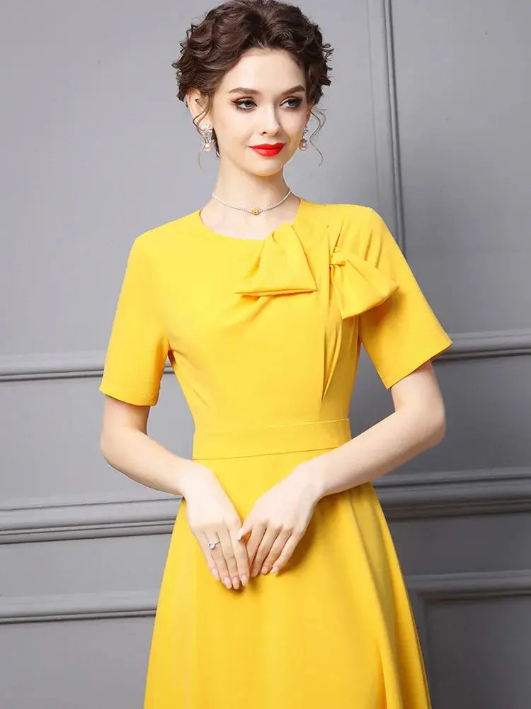 ZJYT Elegant Ladies Midi Simple Yellow Party Dresses for Women Summer Designer Bowknot Short Sleeve Office Vestidos Aline eprolo