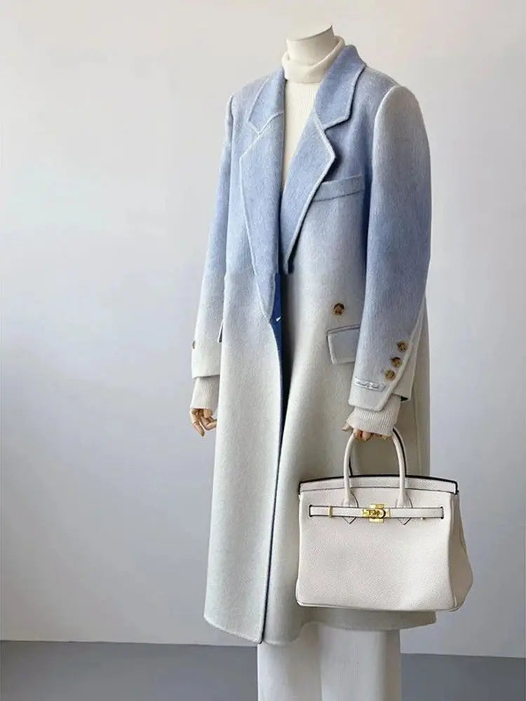 Winter Women Vintage Long Woolen Coat Fashion Long Sleeve Jackets Chic Gradient Outerwear Korean Ladies Casual Overcoat eprolo