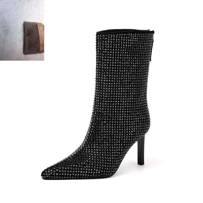 Women's Rhinestone High Heel Booties Fall New Pointed Toe Mid Boots 8.5cm High Heel Black Rhinestone Side Zipper Boots Size 39 eprolo