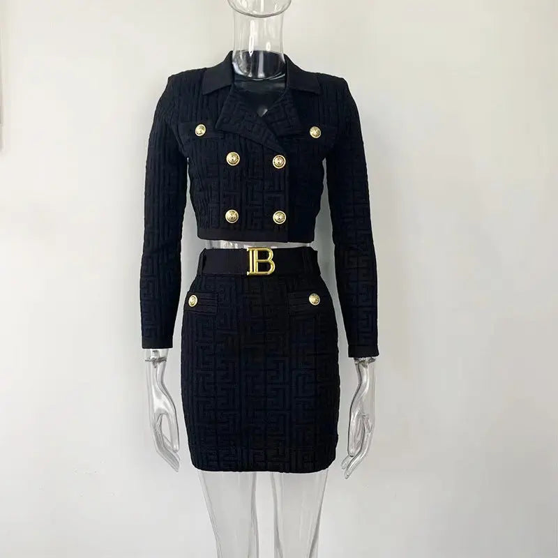 New Knitted Dress Heavy Industry Suit Collar Wanzi Top Belt Hip Wrap Dress Two Piece Fashion Set eprolo