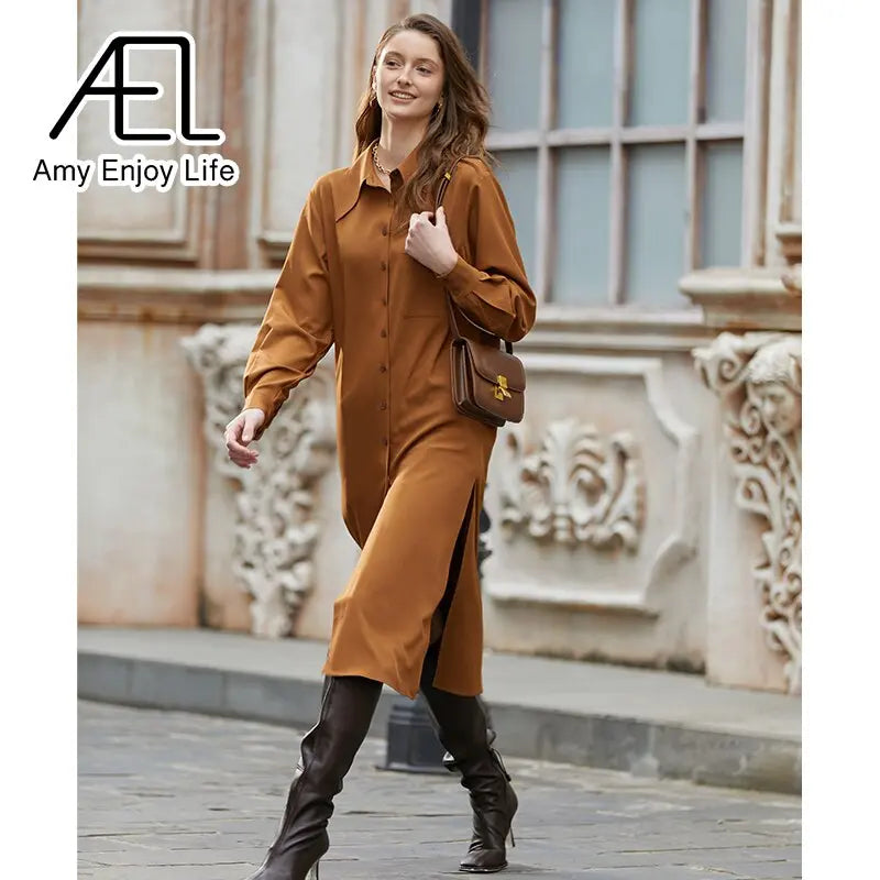 AEL Elegant Women Autumn Lapel Neck Long Shirt Dress Asymmetry Robe Femme Streetwear eprolo