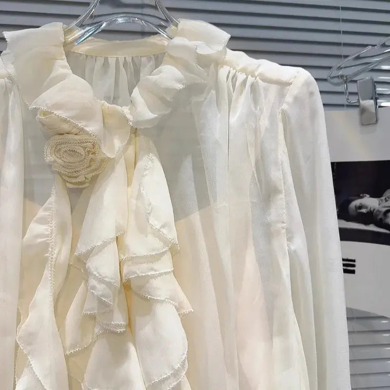 Autumn New Blusas Mujer Three-Dimensional Flower Pleated Lace Elegant Chiffon Blouse Solid Color Shirt For Women's Clothes eprolo