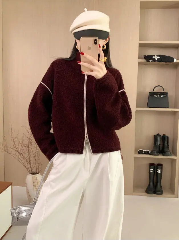 Wool Coat Heavyweight Thick Loose Stand Collar Double Zipper Sweater Women's Winter Wool Cardigan Top eprolo