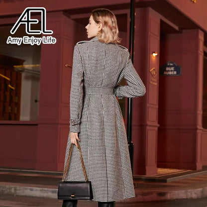 Winter Wool Long Coat Women Retro Houndstooth A-Line Trench Coats eprolo