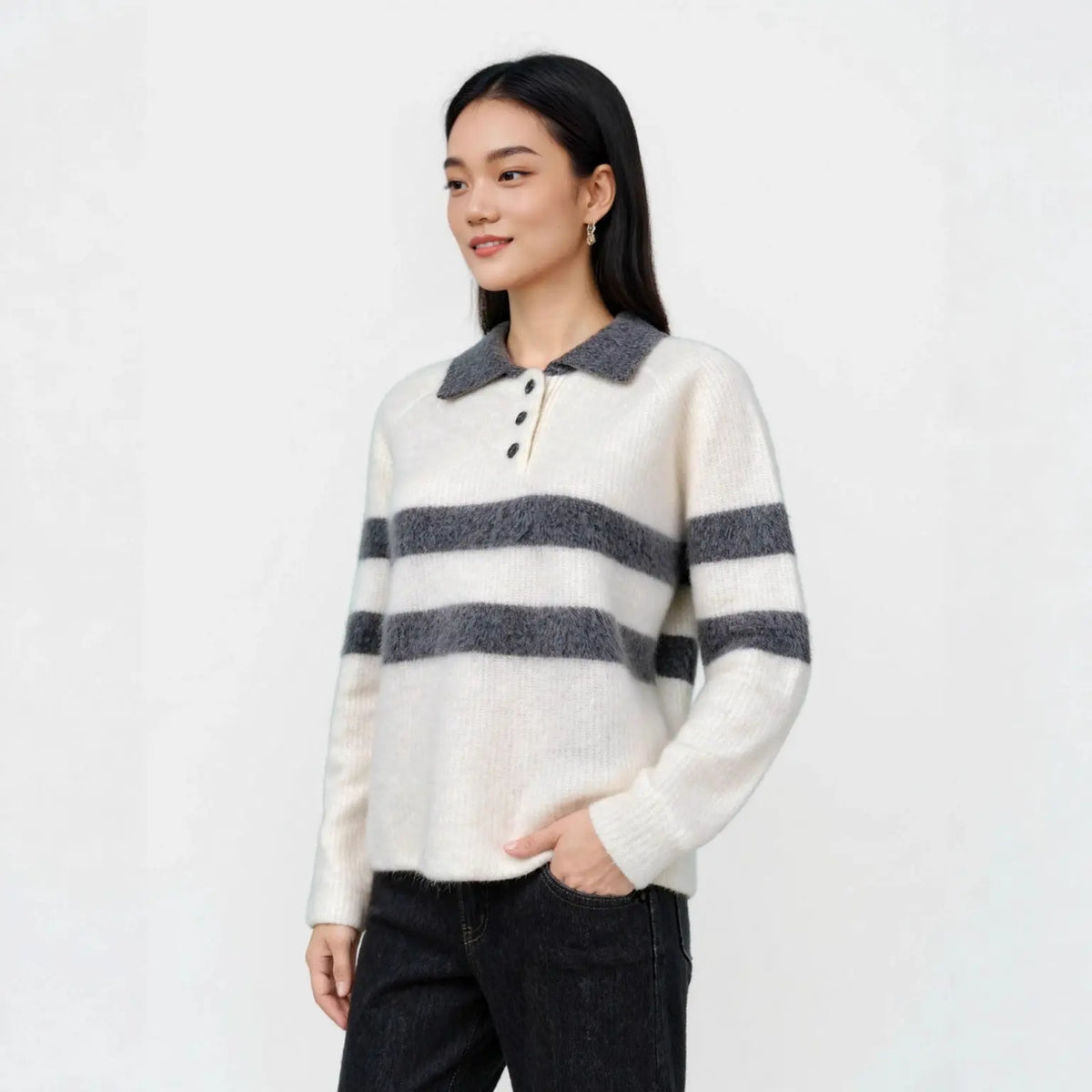Polo Collar Striped Colorblock Wool Fleece Sweater Women's Loose Fit All-Match Crew Neck Knit Top eprolo