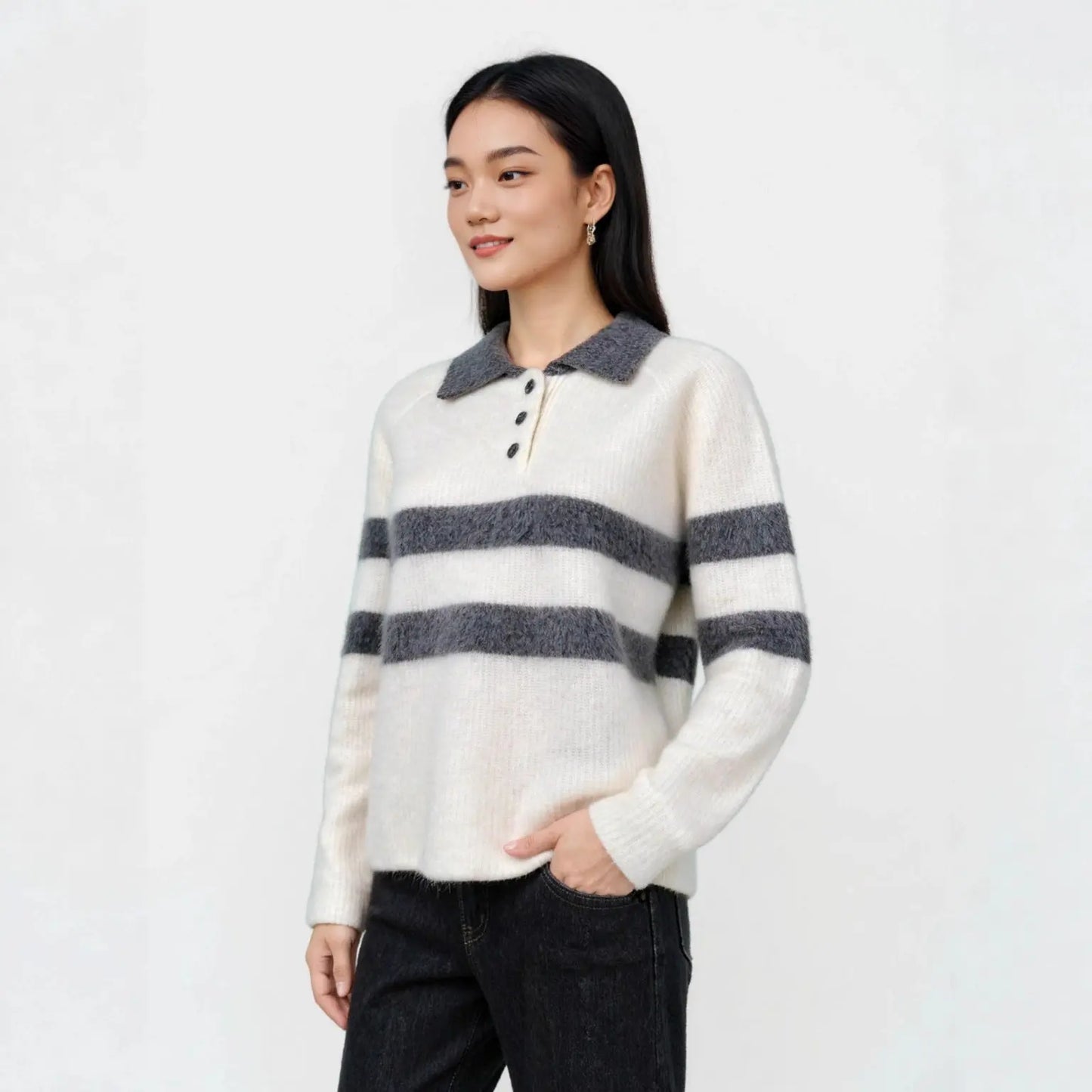 Polo Collar Striped Colorblock Wool Fleece Sweater Women's Loose Fit All-Match Crew Neck Knit Top eprolo