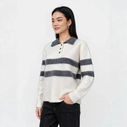 Polo Collar Striped Colorblock Wool Fleece Sweater Women's Loose Fit All-Match Crew Neck Knit Top eprolo