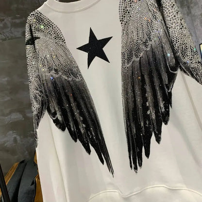 Autumn and winter luxury fashion hoodie for men and women, heavy-duty hot stamping, full diamond, large wings, wings, round neck pullover, couple style eprolo