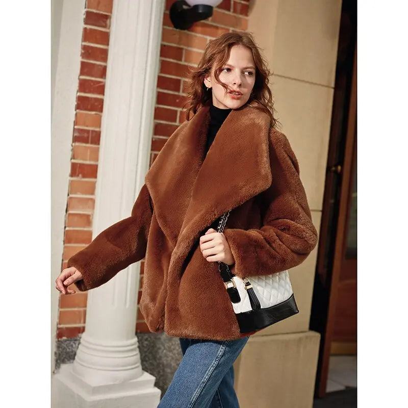 Caramel Fashionable Large Lapel Fur Coat Women's Autumn And Winter Thickened Short Coat eprolo
