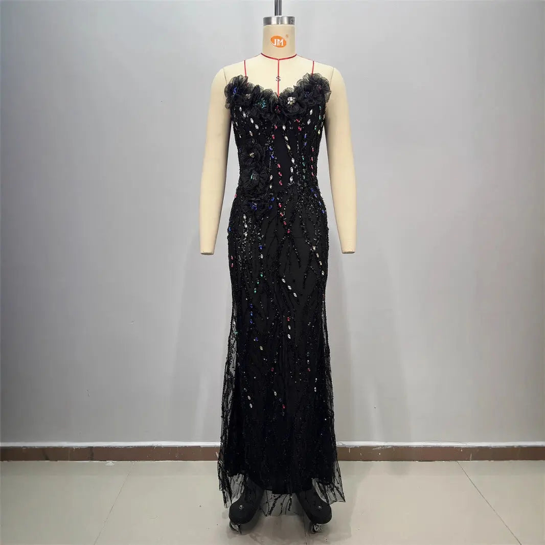 Shiny Sequin Evening Dress Long V-neck Waist-tightening Fitted Dress Mermaid Long Dress Women eprolo