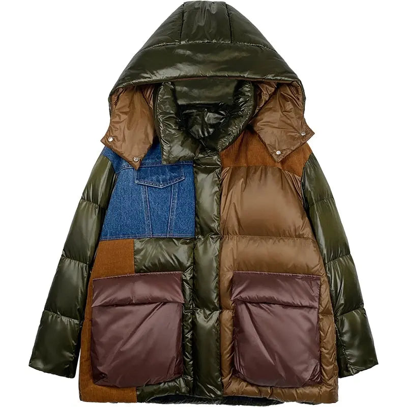 Contrasting Color Denim Stitching Down Jacket Women's Mid Length Winter New Hooded Loose Thin Thickening Trend Coat eprolo