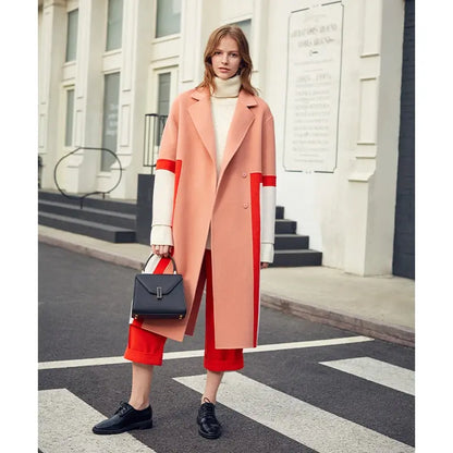 Show High Stitching Collision Color Niche Design Sense Double-Sided Wool Long Coat Female Winter eprolo