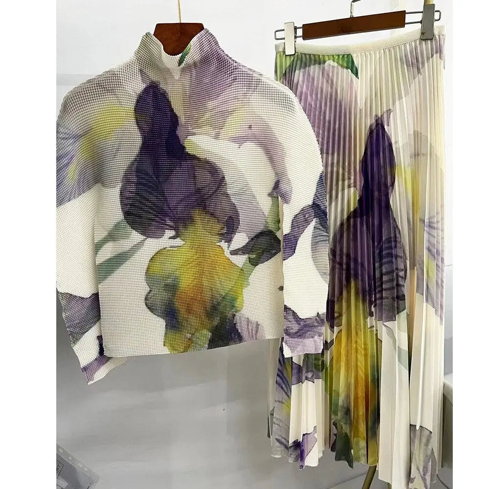 Long Halfskirt Set Women's Fashion Women's Spring New Long Sleeve Pleated T-shirt Pleated Skirt Two Piece Set eprolo