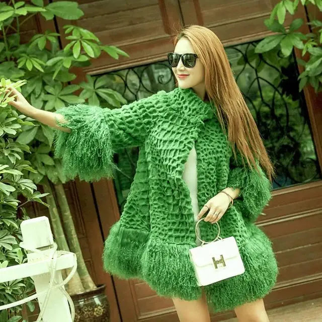 Europe and America women Mongolia Sheep fur sleeve and hem ladies loose outwear Genuine fur coat fashion New fur jacket eprolo