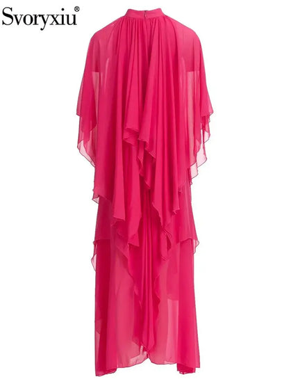 Runway Summer Bohemian Dress Women's Stand collar Butterfly Sleeve Draped High waist Asymmetrical Rose Red Maxi Dresses eprolo