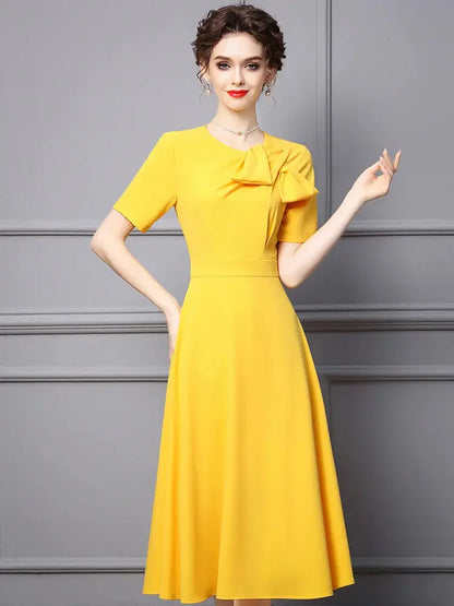 ZJYT Elegant Ladies Midi Simple Yellow Party Dresses for Women Summer Designer Bowknot Short Sleeve Office Vestidos Aline eprolo