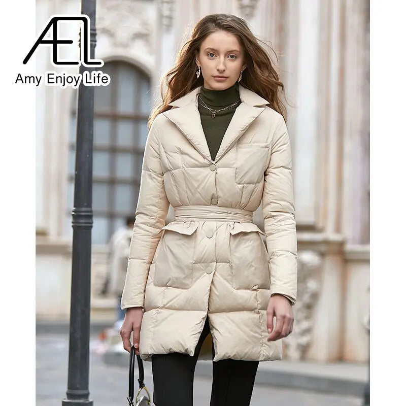 Medium Length Temperament Slim Down Jacket Women's New Suit Collar Waist Cotton Jacket eprolo