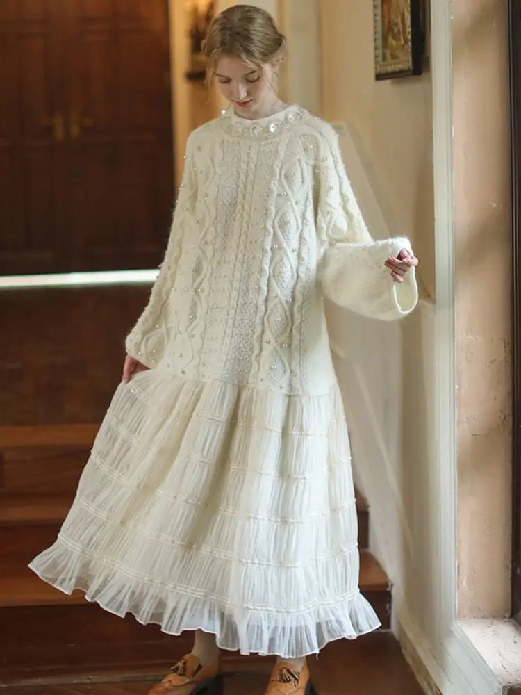 Wool Handmade Beaded Sparkling Elegant Big Skirt False Two-Piece Loose Sweater Dress eprolo