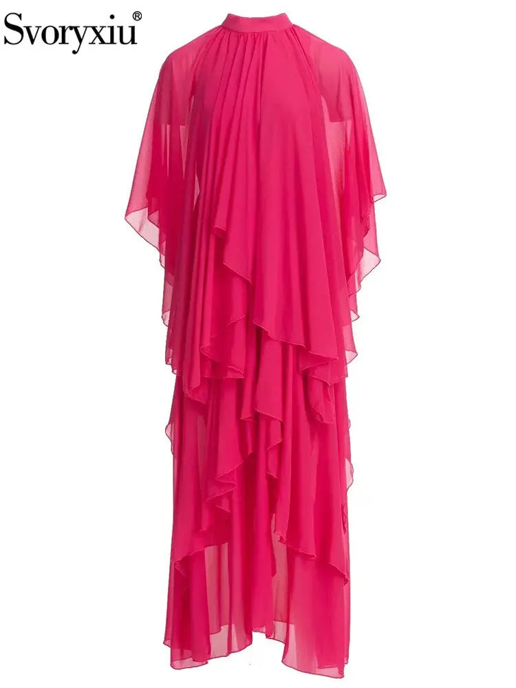 Runway Summer Bohemian Dress Women's Stand collar Butterfly Sleeve Draped High waist Asymmetrical Rose Red Maxi Dresses eprolo