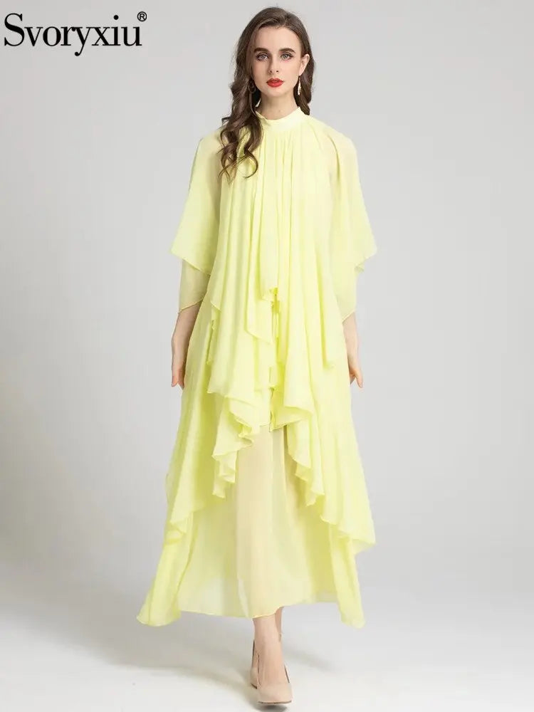 Runway Summer Bohemian Dress Women's Stand collar Butterfly Sleeve Draped High waist Asymmetrical Rose Red Maxi Dresses eprolo