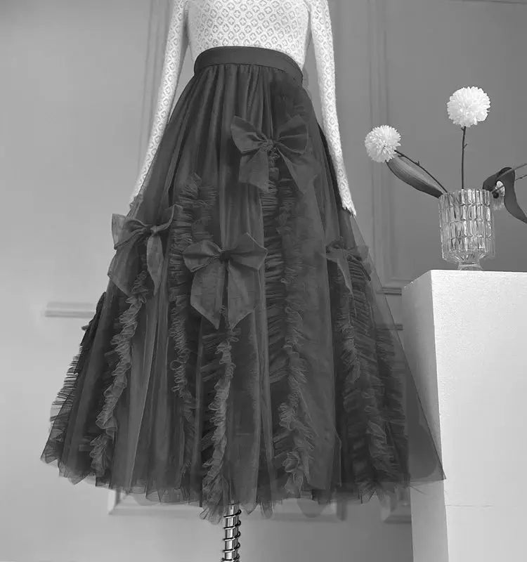 High-End Mesh Long Skirt Handmade Bow Gauze Skirt Fairy High Waist Slimming Umbrella Skirt Designer Model Skirt Evening Dresses eprolo