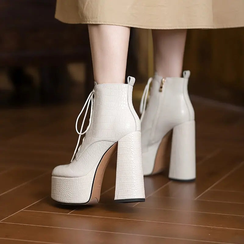 Elegant Mature Women Ankle Boots Cross-Tied Platforms Genuine Leather High Heels Party Office Autumn Winter Shoes eprolo