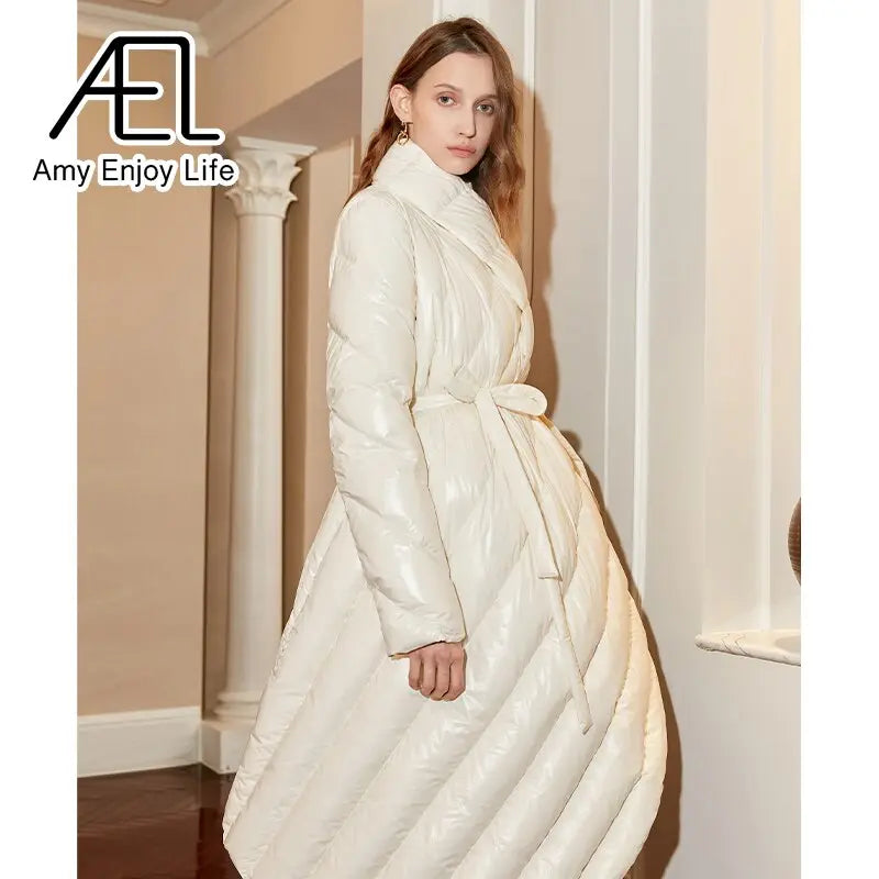 AEL Belt Down Jacket Women Winter Irregular Long Coat Fashion Parka Lady Streetwear High Quality eprolo