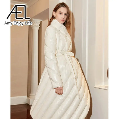 AEL Belt Down Jacket Women Winter Irregular Long Coat Fashion Parka Lady Streetwear High Quality eprolo