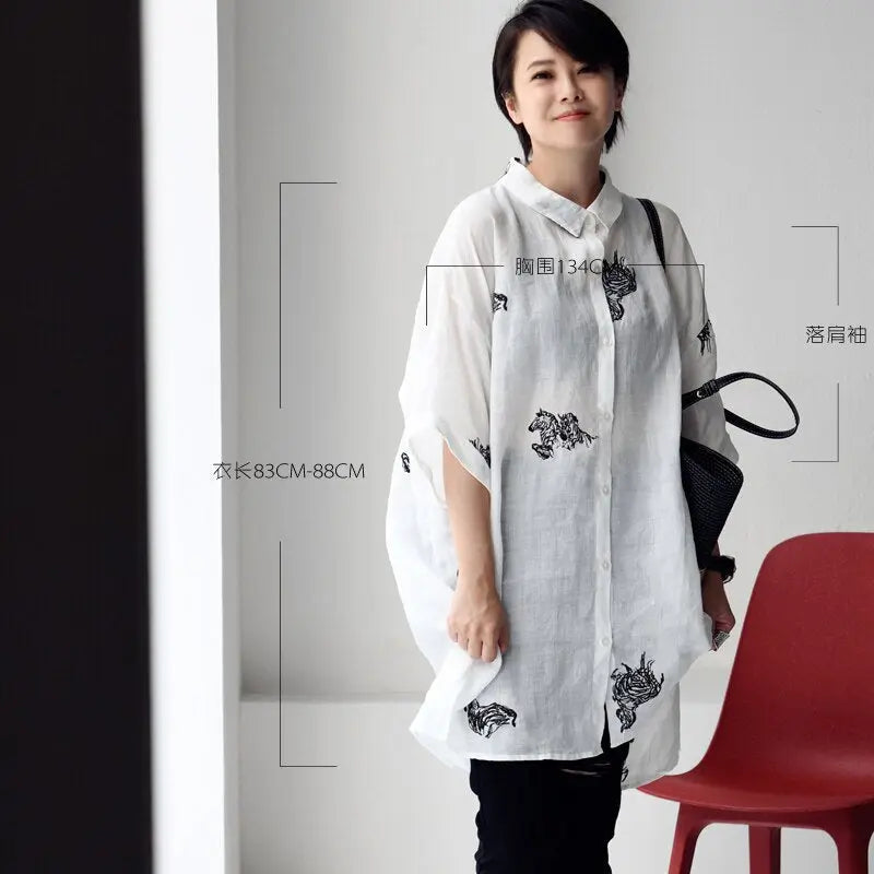 Literature And Art Simple Plaid Printing Pony Embroidery Loose Medium Long Short Sleeve Shirt For Women eprolo