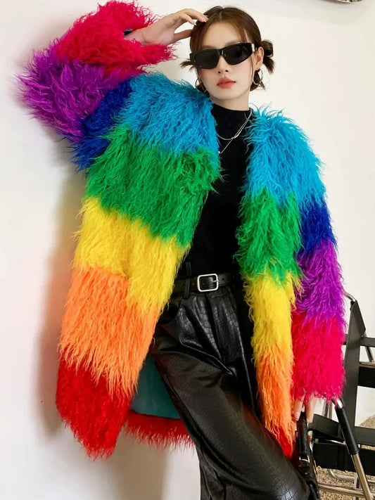 Niche Rainbow Winter Faux Fur Coat Loose Splicing Contrast Color Long Jacket Shaggy Outerwear Women's Clothing Free Shipping eprolo