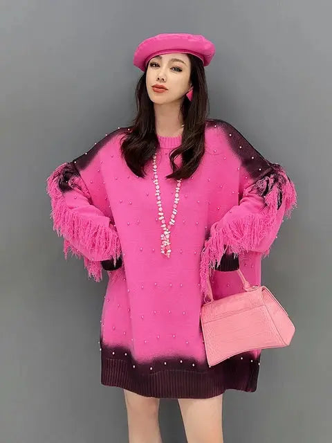 CHICEVER Patchwork Tassels Sweaters For Women Round Neck Long Sleeve Spliced Embroidered Flares Hit Color Knit Sweater Female eprolo