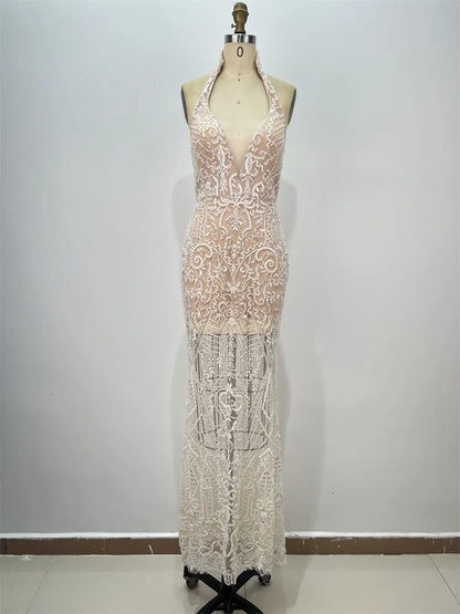 Fashion Sequin Women's Halter Sexy Sleeveless Sequin Fitted Long Bodycon Party Dress eprolo