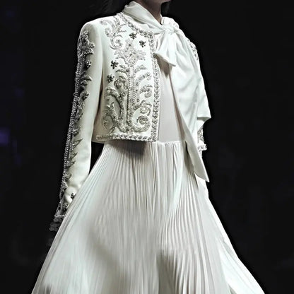 Style Heavy Embroidery Splicing Short Jacket + Pleated High Waist Skirt Set for Women eprolo