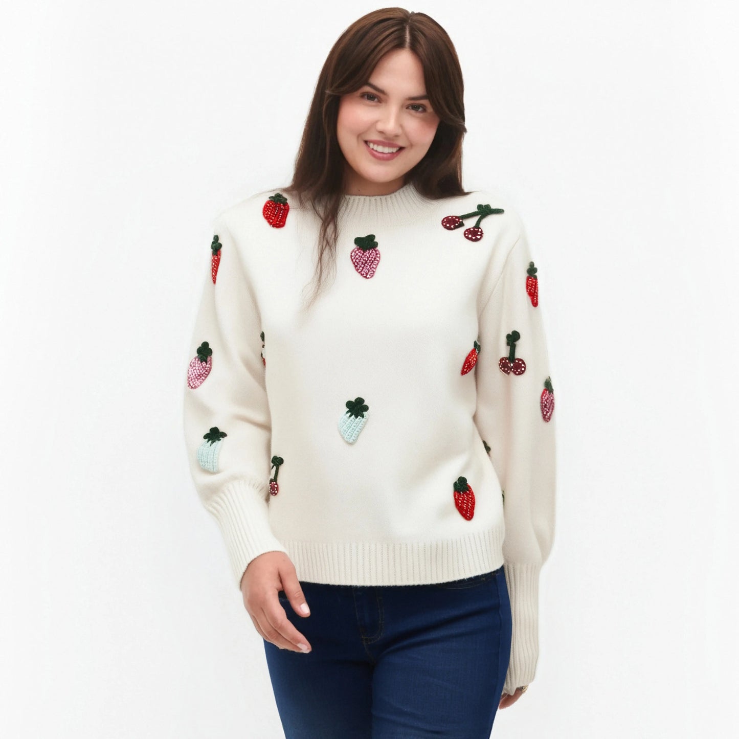 Strawberry Crochet Knit Sweater Pullover Women Half High Collar Long Sleeve Tops Knitwear Spring Stylish Fashion Chic Jumpe eprolo