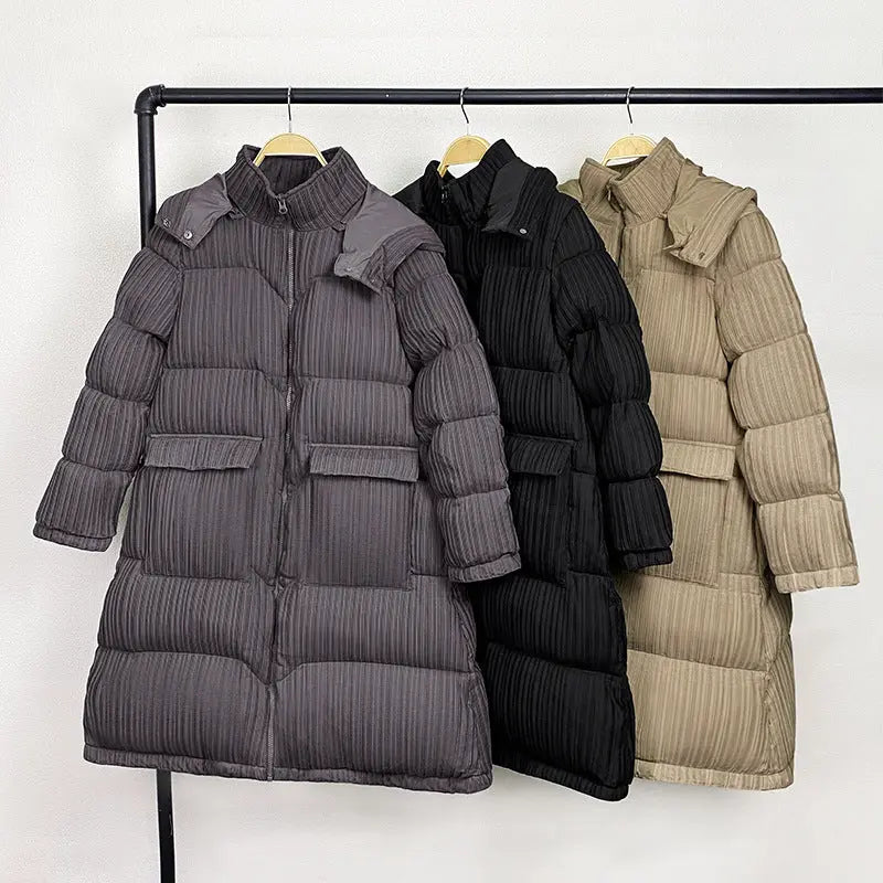 Women's Mid-Length Knee-Length Korean Style Hooded Down Jacket with White Duck Down Collar eprolo