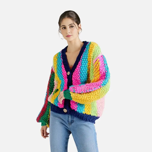 Rainbow retro sweater V-neck single breasted thick knit cardigan jacket lazy autumn and winter sweater top for women eprolo