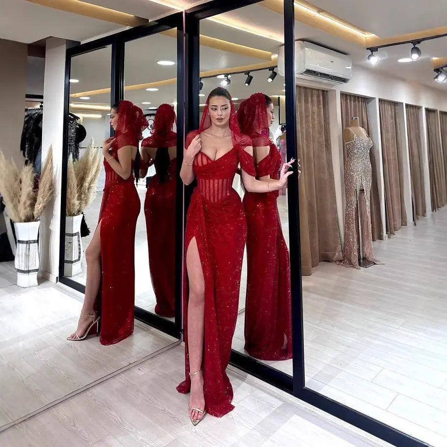 Sexy Strapless One-Shoulder Ruched Slit Long Fitted Bodycon Dress eprolo