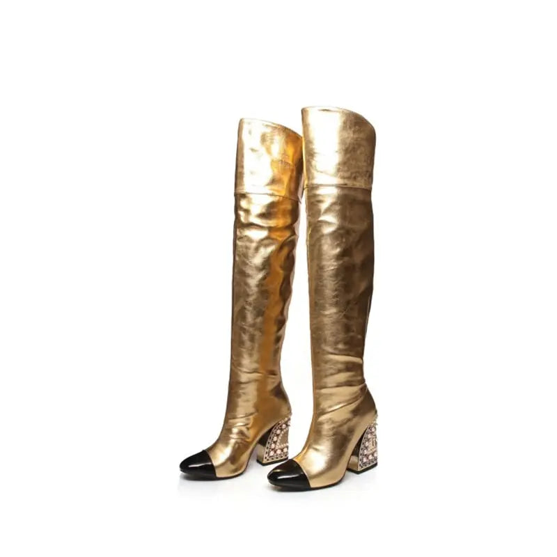 Fashion Sexy Women Pointed-Toe Boots Catwalk Style With Pearl Pattern Shaped Heel Over-The-Knee Large Size Shoes Party High Boot eprolo