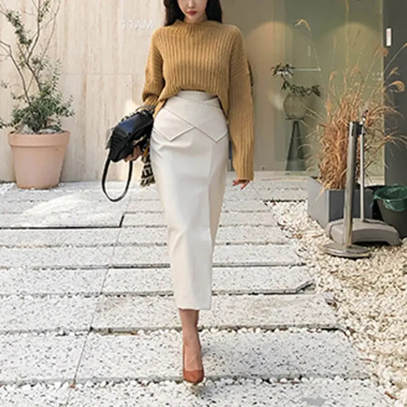 Gray fashion leather skirt female autumn and winter khaki white high waist one step skirt package hip half-length long skirt eprolo