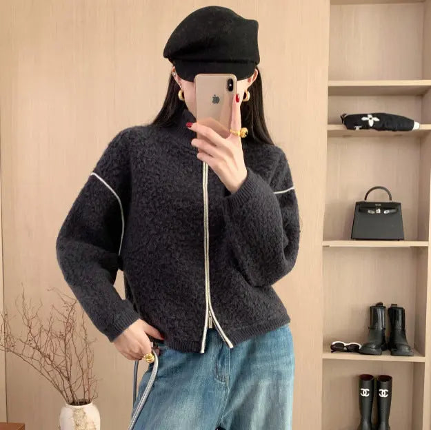 Wool Coat Heavyweight Thick Loose Stand Collar Double Zipper Sweater Women's Winter Wool Cardigan Top eprolo