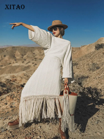 Vintage Versatile Tassel Knitted Dress Women's Spring and Autumn New Style Sweater Long Dress eprolo