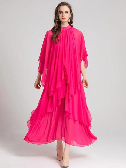 Runway Summer Bohemian Dress Women's Stand collar Butterfly Sleeve Draped High waist Asymmetrical Rose Red Maxi Dresses eprolo