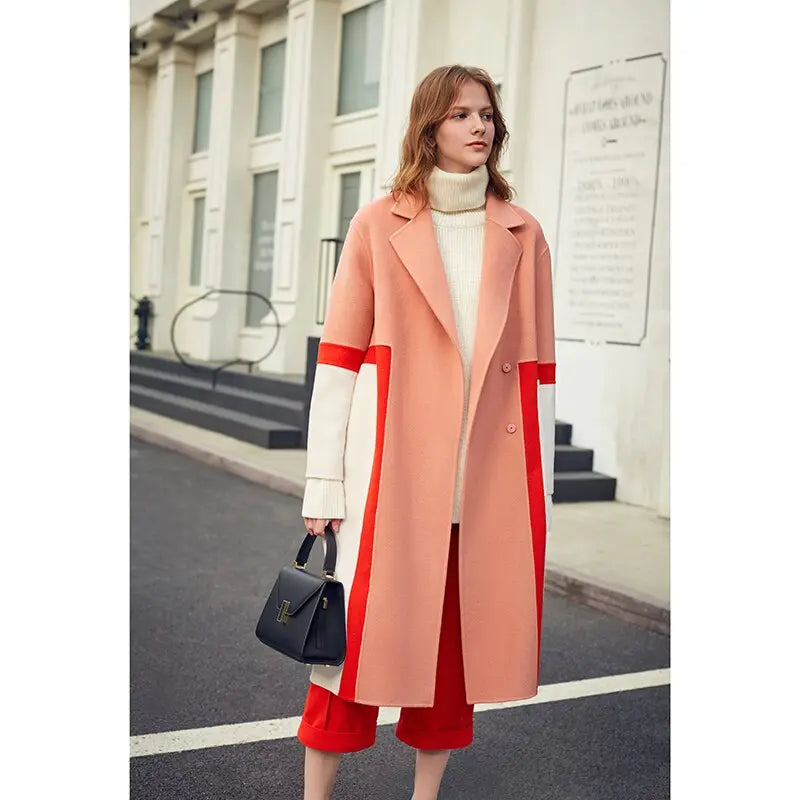 Show High Stitching Collision Color Niche Design Sense Double-Sided Wool Long Coat Female Winter eprolo