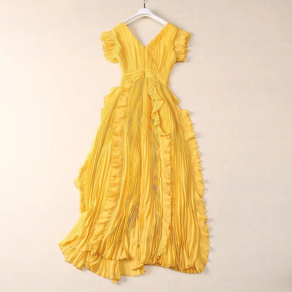 Women's V-neck Qiaoqi pleated wood ear patchwork yellow banquet dress long skirt eprolo