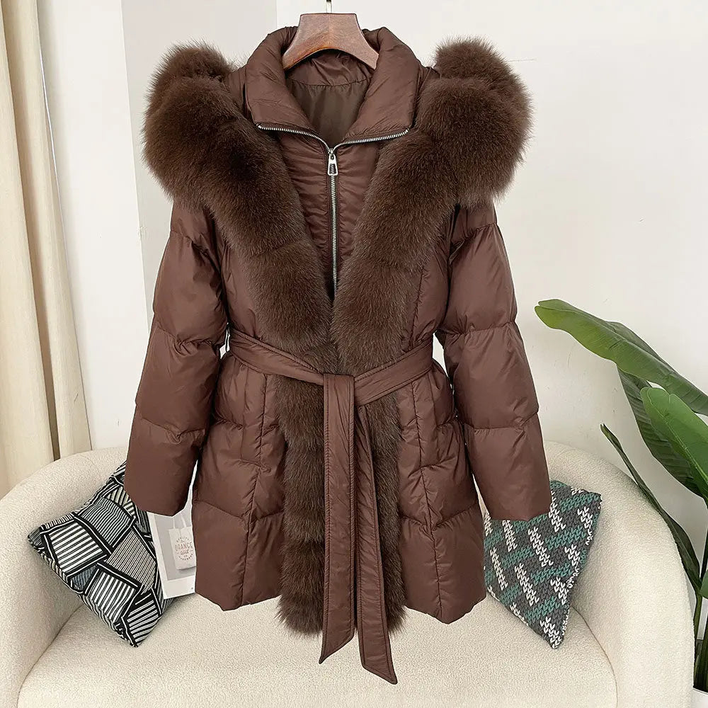 Hooded down jacket women's fox fur collar eprolo