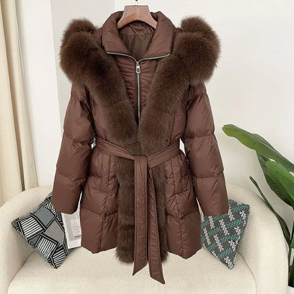 Hooded down jacket women's fox fur collar eprolo