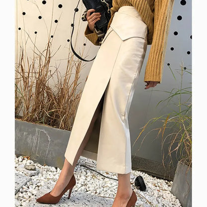 Gray fashion leather skirt female autumn and winter khaki white high waist one step skirt package hip half-length long skirt eprolo
