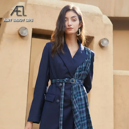 Autumn And Winter Slimming Waistband Splicing A-Line Dress Female New V-Neck Suit Skirt eprolo