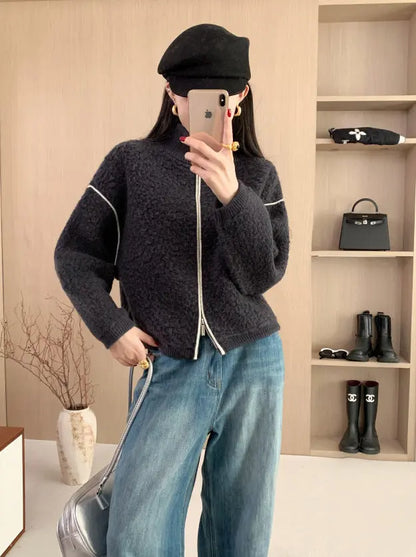 Wool Coat Heavyweight Thick Loose Stand Collar Double Zipper Sweater Women's Winter Wool Cardigan Top eprolo